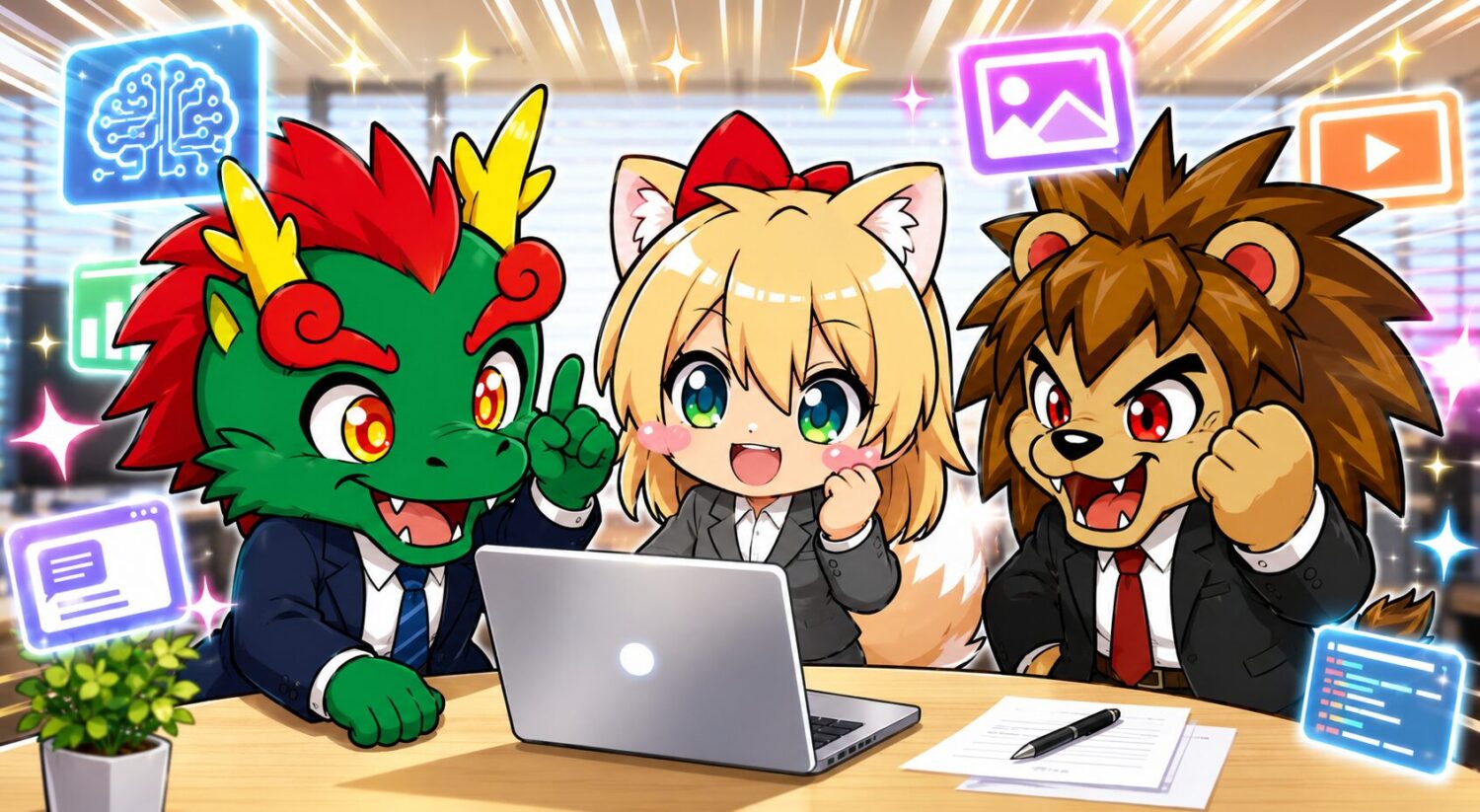 AIマンツーマンレッスンのイメージ（ドラゴン・猫・ライオンのキャラクター）