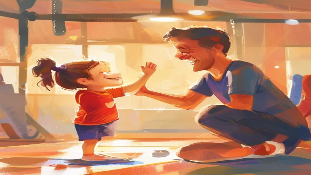 体操の技ができて喜んでいる子供とコーチの様子