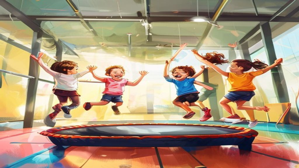 子供たちがトランポリンで楽しそうに跳んでいる様子